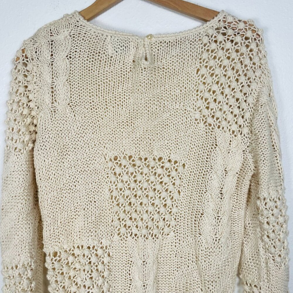 Vintage Hot Jazz Natural Made Hand Knit Cream knotted Eyelet Sweater Cottagecore - Picture 7 of 9